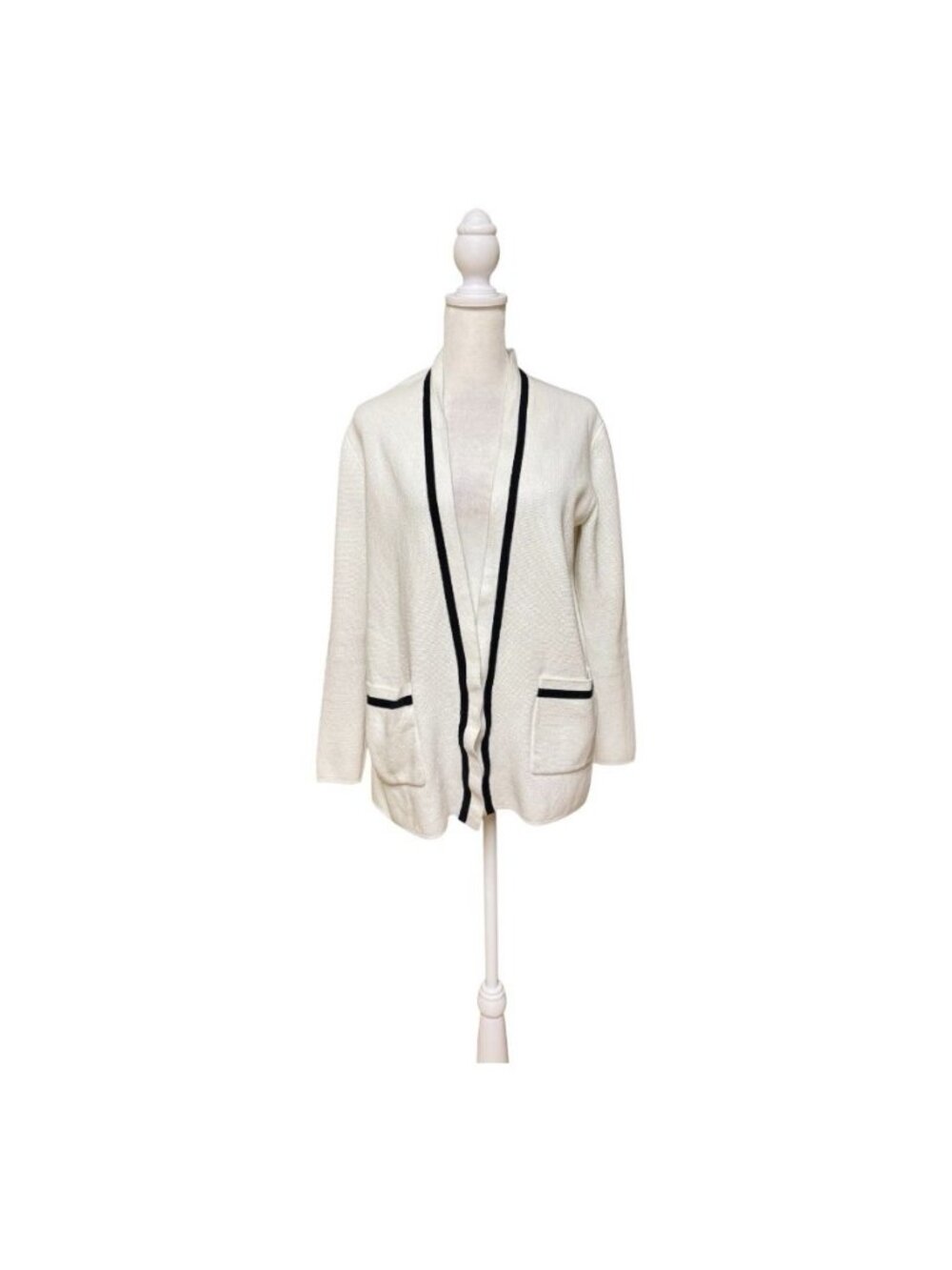 J.Crew Open Front Cardigan Sweater Small White Black Trim 100% Cotton Pockets